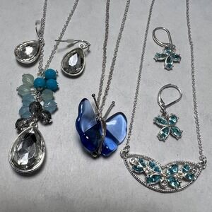 Blue Butterfly Crystal Jewelry Lot 3 Necklaces 2 Pairs Earrings Silver Tone
